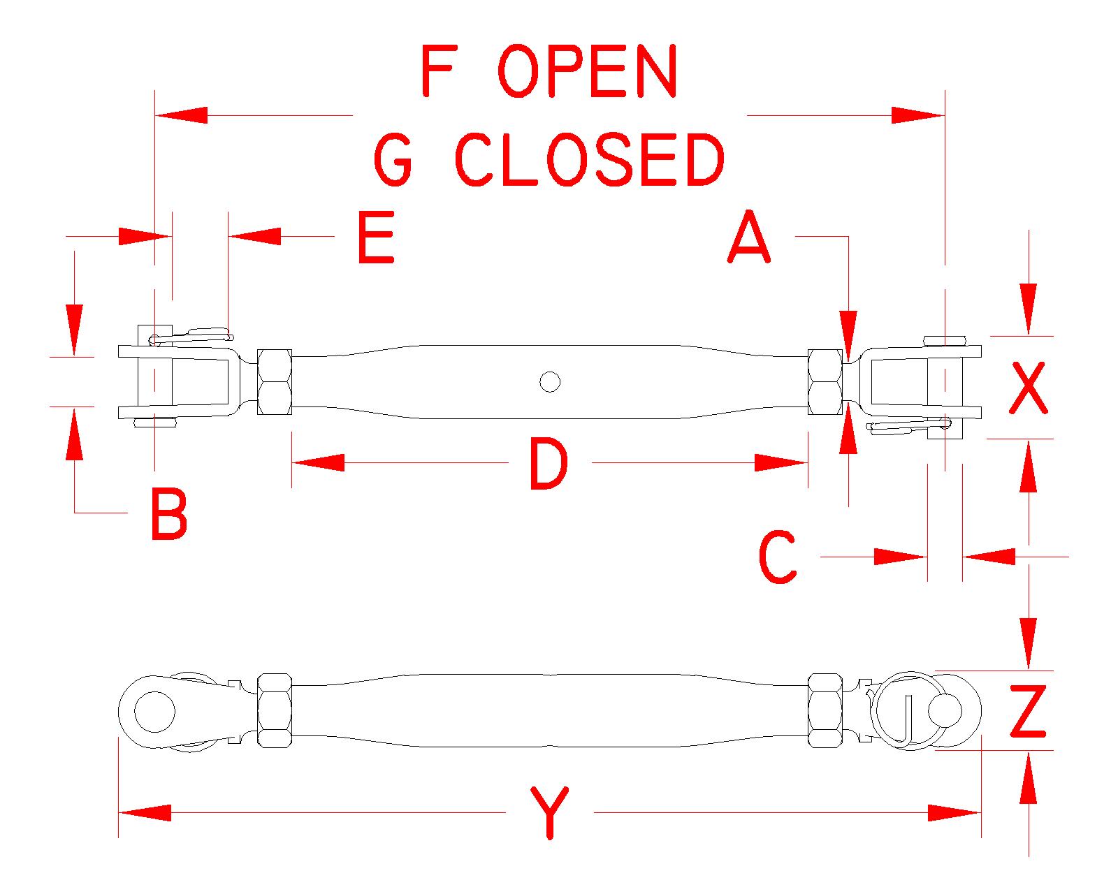 Stainless Steel Jaw and Jaw Turnbuckle, S0101-0005, S0101-0007, S0101-0008, S0101-0010, S0101-0013, S0101-0016, Line Drawing Stainless Steel Jaw and Jaw Turnbuckle, S0101-0005, S0101-0007, S0101-0008, S0101-0010, S0101-0013, S0101-0016, Line Drawing
